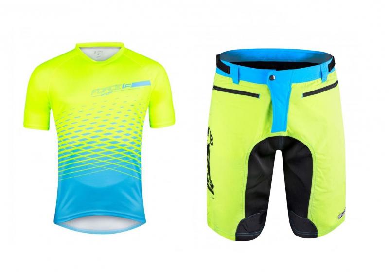 Force MTB ANGLE fluo-modrý dres + Force MTB-11 fluo cyklokraťasy FORCE