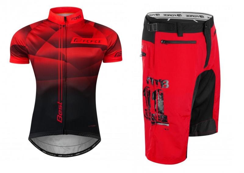 Force BEST černo-čerevný cyklodres + Force MTB-11 červené kraťasy FORCE