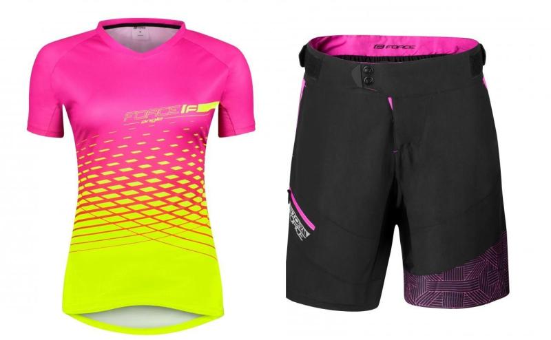 Force MTB ANGLE růžovo-fluo cyklodres + Force STORM černo-růžové dámské cyklokraťasy FORCE