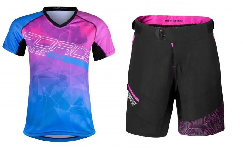 Force MTB CORE LADY růžovo-modrý dres + Force STORM černo-růžové cyklokraťasy FORCE