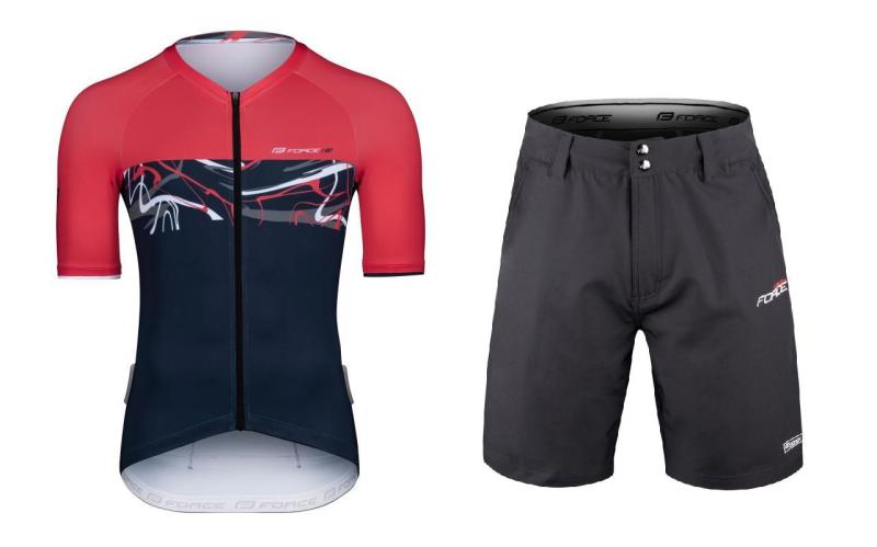 Force ART tm. modrý-červený cyklodres - kr. rukáv + Force BLADE MTB černé cyklokraťasy FORCE