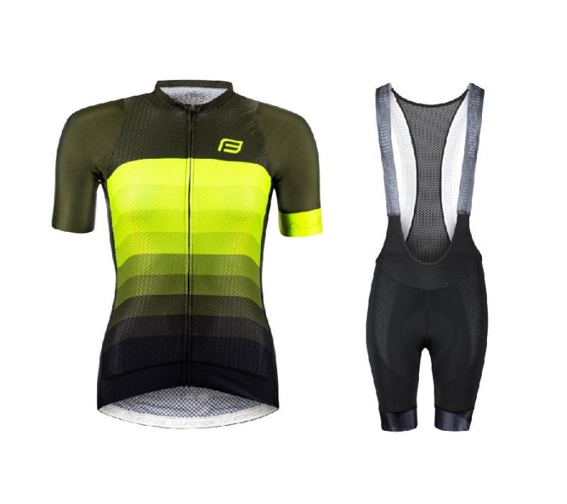 Force ASCENT LADY zeleno-fluo dámský cyklodres + Force STRIPE LADY černé cyklokraťasy FORCE