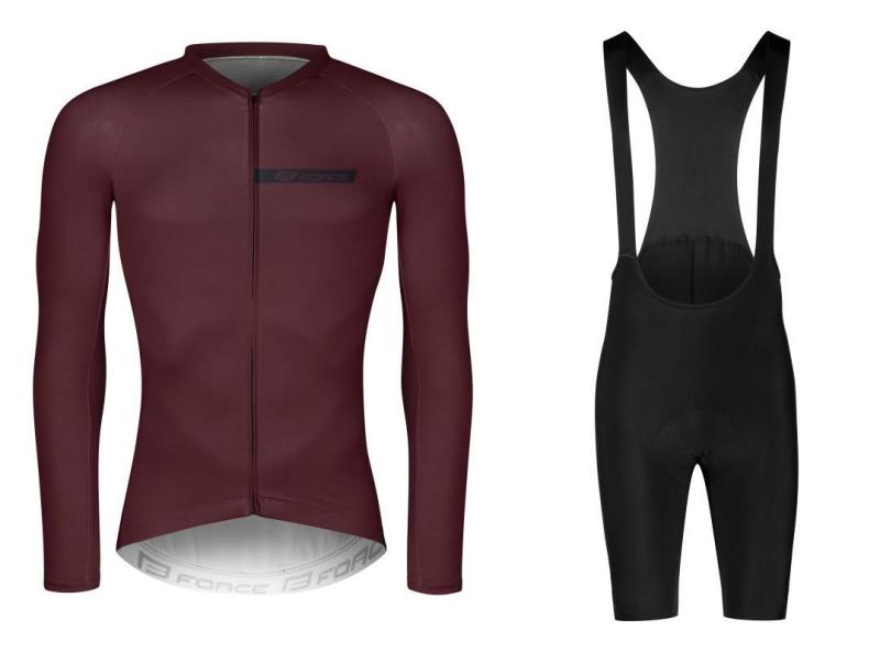 Force CHARM bordó cyklistický dres - dlouhý rukáv + Force ACTION černé cyklokraťasy FORCE