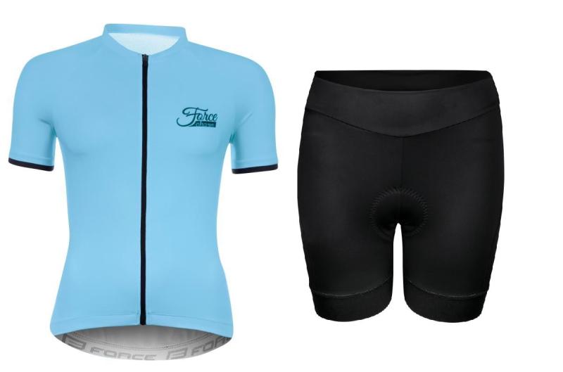 Force CHARM světle modrý cyklistický dres + Force CHARM LADY černé cyklokraťasy FORCE