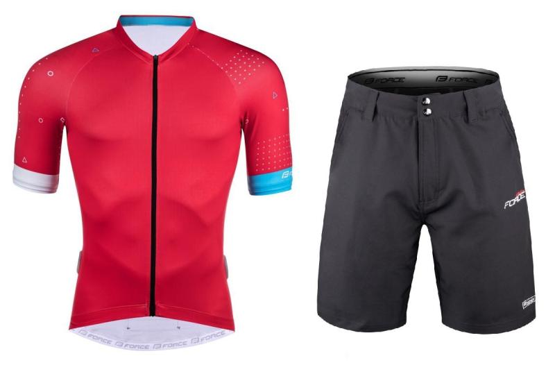Force GAME červený cyklistický dres - kr. rukáv + Force BLADE MTB černé cyklokraťasy FORCE