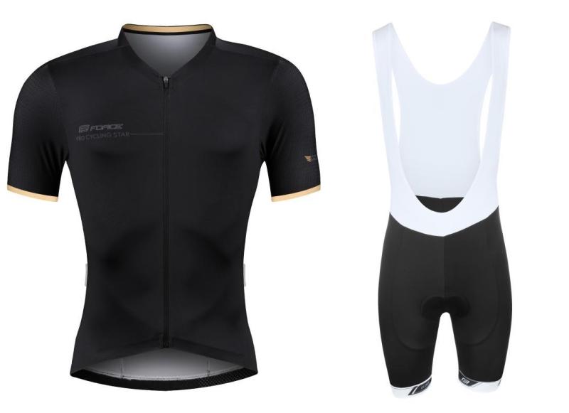 Force GOLD černo-zlatý cyklistický dres + Force B38 černé cyklokraťasy se šráky s vložkou FORCE