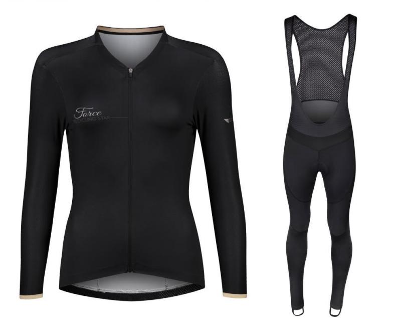 Force GOLD LADY černý cyklodres - dlouhý rukáv + Force BRIGHT LADY černé cyklokalhoty FORCE