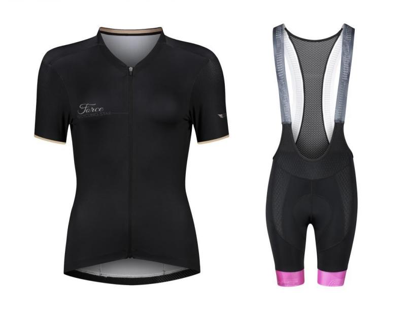 Force GOLD LADY černý cyklodres - kr. rukáv + Force STRIPE LADY černo-růžové cyklokalhoty FORCE