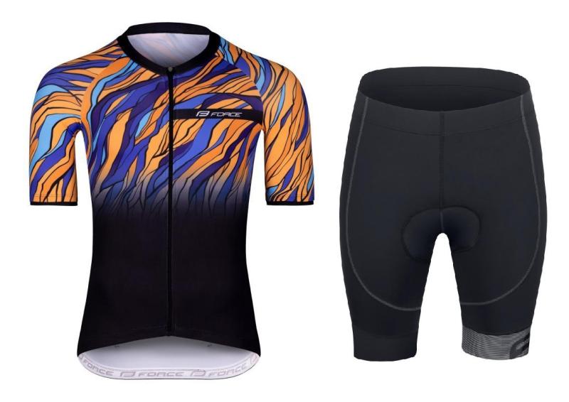 Force LIFE černo-modro-oranžový cyklodres + Force B21 EASY černé cyklokraťasy FORCE