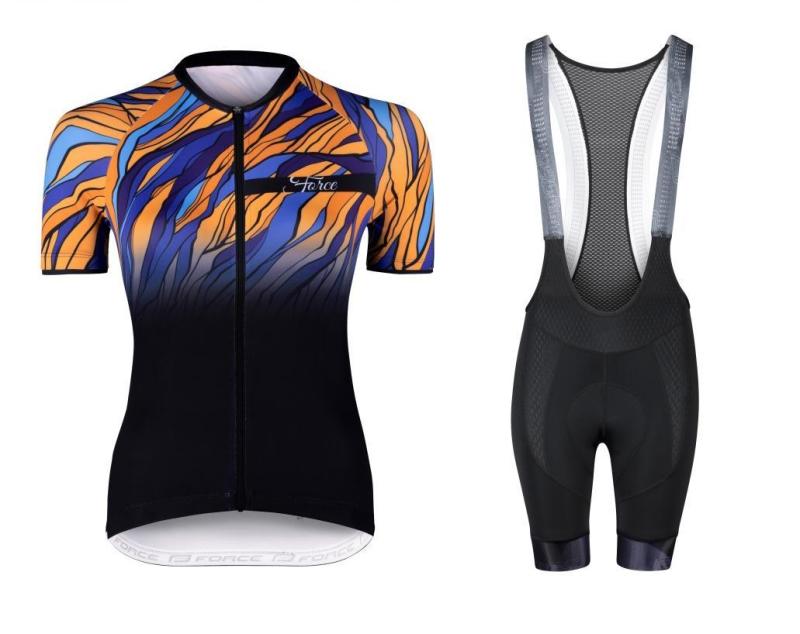 Force LIFE LADY černo-modro-oranžový cyklodres + Force STRIPE LADY černé cyklokraťasy FORCE