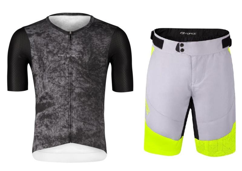 Force MOVE černý cyklodres - kr. rukáv + Force STORM šedo-fluo cyklokraťasy FORCE
