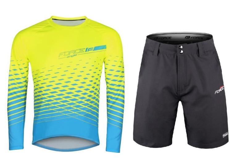Force MTB ANGLE fluo-modrý cyklodres - dl. rukáv + Force BLADE MTB černé cyklokraťasy FORCE