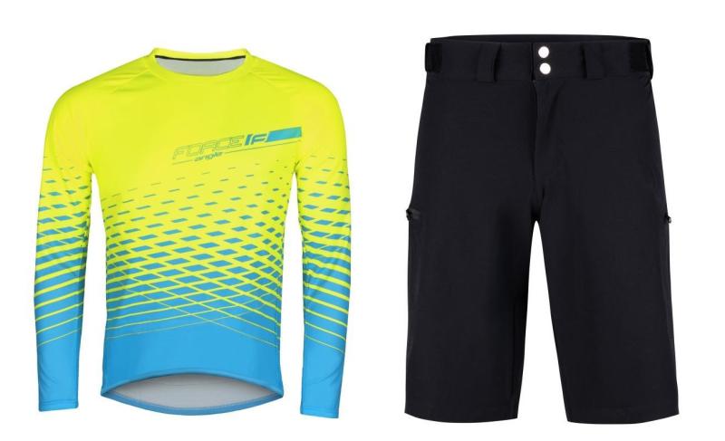 Force MTB ANGLE fluo-modrý cyklodres - dl. rukáv + Force MOUNT MTB černé cyklokraťasy bez vložky FORCE