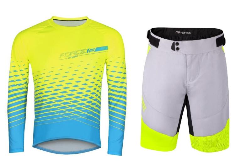 Force MTB ANGLE fluo-modrý cyklodres - dl. rukáv + Force STORM šedo-fluo cyklokraťasy FORCE