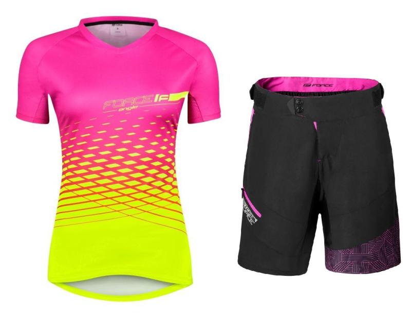 Force MTB ANGLE růžovo-fluo cyklodres + Force STORM černo-růžové cyklokraťasy FORCE
