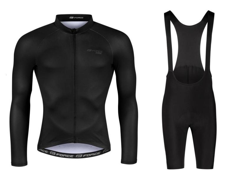 Force PURE černý cyklistický dres - dlouhý rukáv + Force ACTION černé cyklokraťasy FORCE