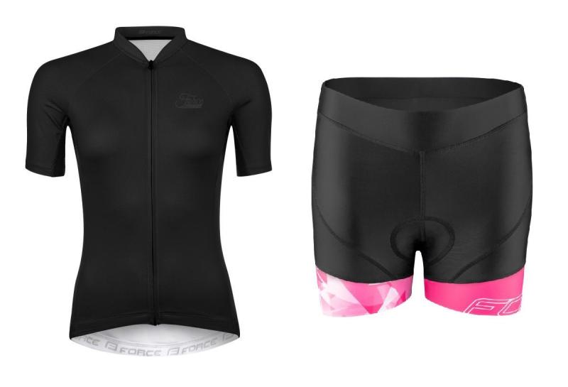 Force PURE černý dámský cyklistický dres + Force MINI černo-růžové cyklokraťasy FORCE