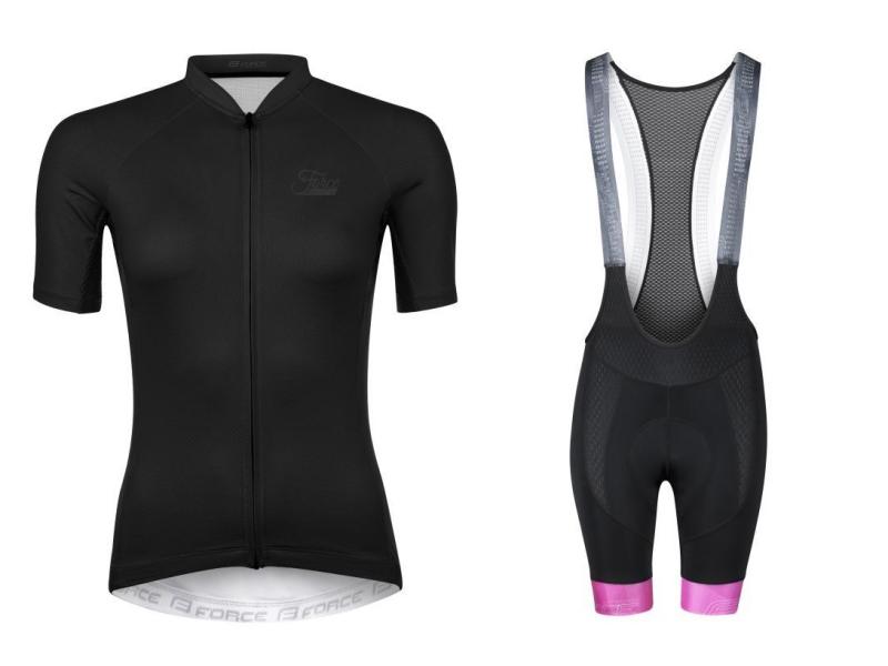 Force PURE černý dámský cyklistický dres + Force STRIPE LADY černo-růžové cyklokalhoty FORCE