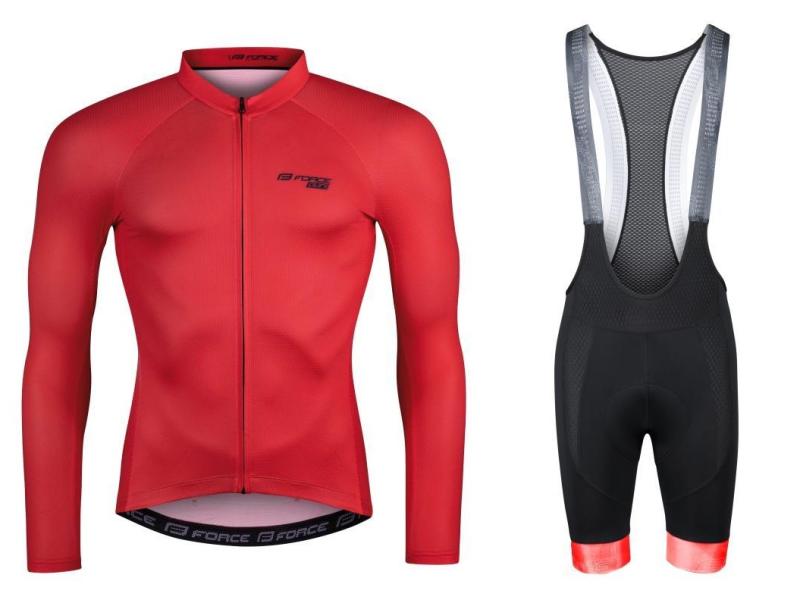 Force PURE červený cyklodres - dlouhý rukáv + Force STRIPE černo-červené cyklokraťasy FORCE