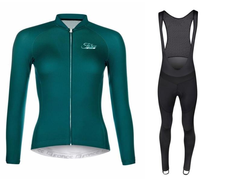 Force PURE LADY petrolejový cyklodres - dlouhý rukáv + Force BRIGHT LADY černé cyklokalhoty FORCE