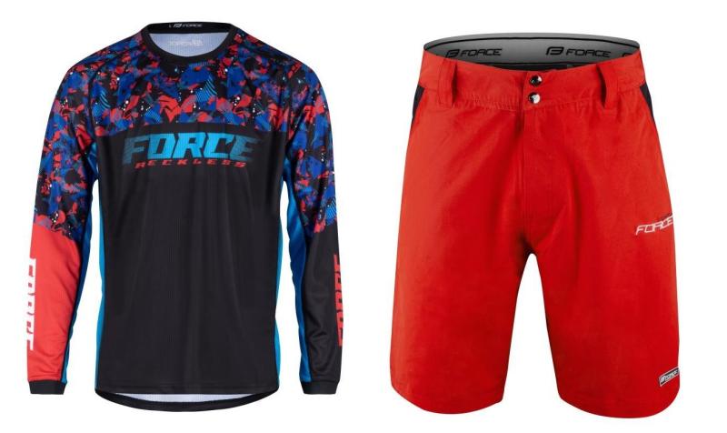 Force RECKLESS černo-červeno-modrý mtb dres - dl. rukáv + Force BLADE MTB červené šortky FORCE