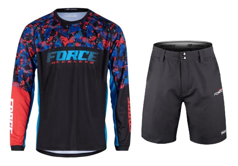 Force RECKLESS černo-červeno-modrý mtb dres + Force BLADE MTB černé cyklokraťasy FORCE