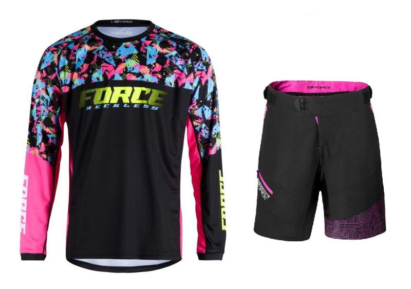 Force RECKLESS černo-růžovo-fluo mtb dres + Force STORM černo-růžové cyklokraťasy FORCE