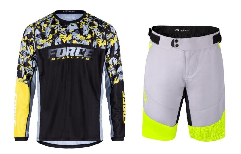 Force RECKLESS černo-žluto-šedý mtb dres - dl. rukáv + Force STORM šedo-fluo cyklokraťasy FORCE