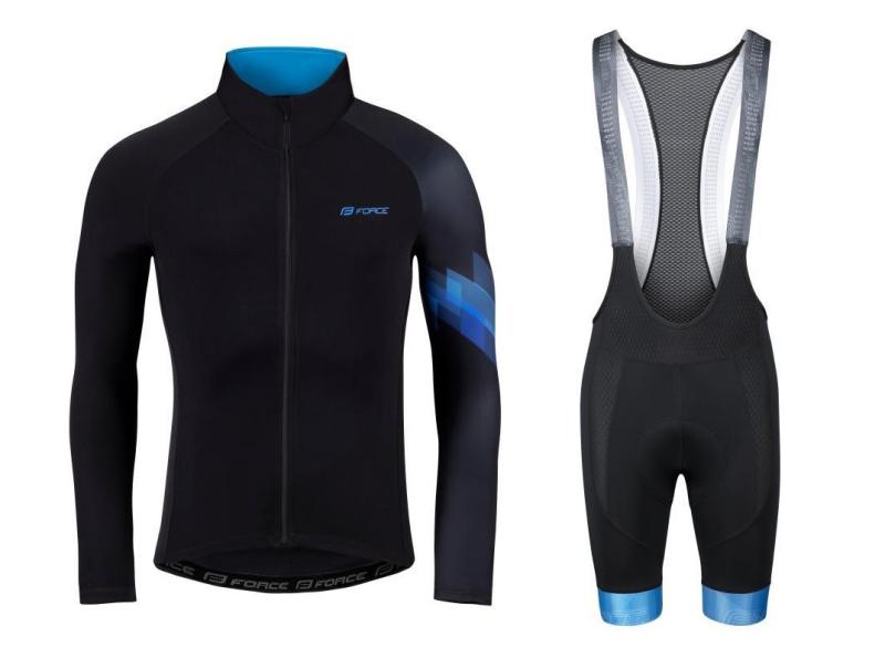 Force RIDGE černo-modrý cyklistický dres - dlouhý rukáv + Force STRIPE černo-modré cyklokraťasy FORCE