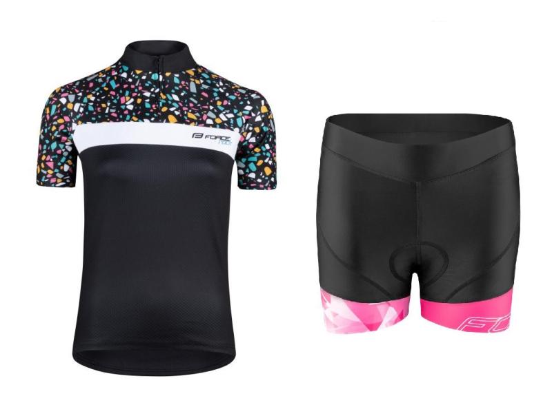 Force ROCK LADY černý cyklistický dres + Force MINI černo-růžové cyklokraťasy FORCE