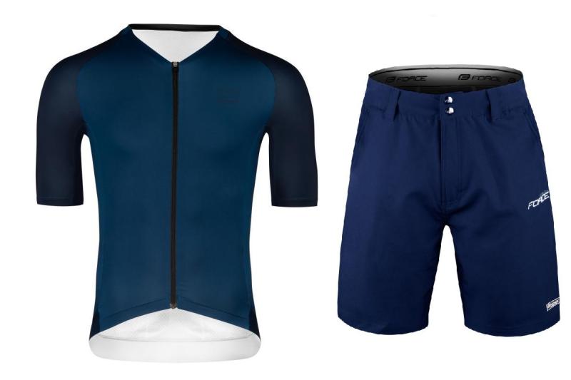 Force SCRIPT tm.modrý cyklodres - kr. rukáv + Force BLADE MTB tm.modré cyklokraťasy FORCE