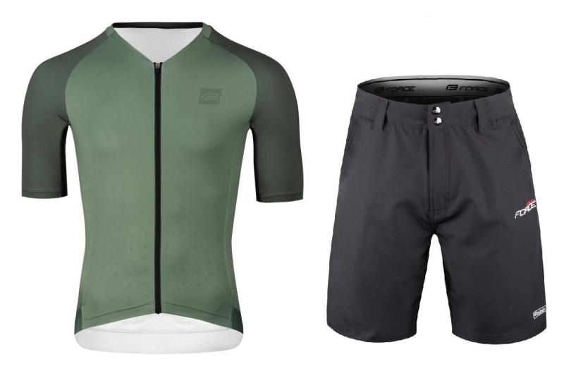 Force SCRIPT zelený cyklodres - kr. rukáv + Force BLADE MTB černé cyklokraťasy FORCE