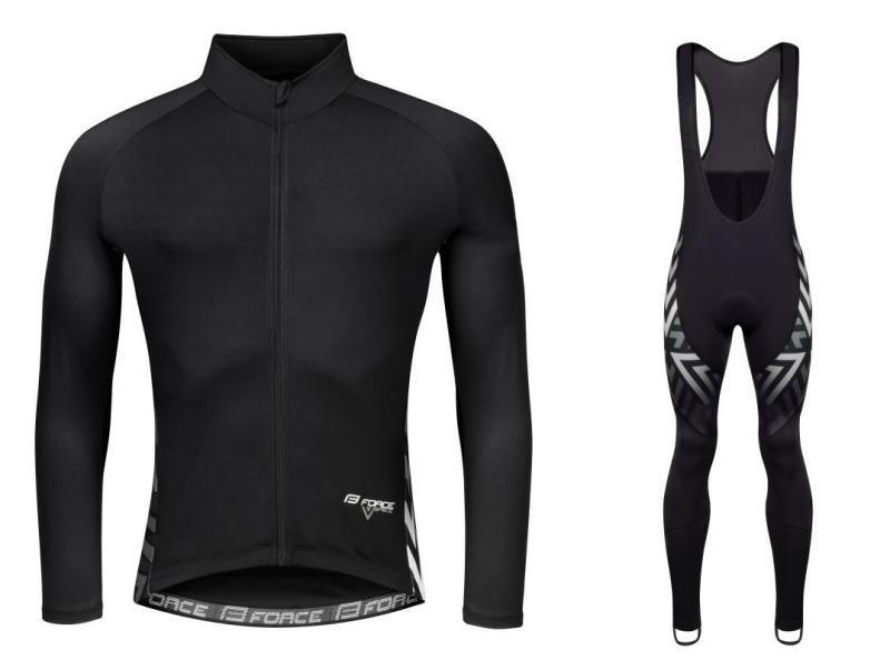 Force SPIKE černo-bílý cyklistický dres - dlouhý rukáv + Force SPIKE černo-bílé cyklokalhoty FORCE