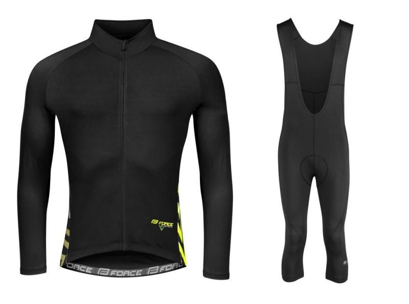 Force SPIKE černo-fluo cyklodres - dlouhý rukáv + Force MAZE černé cyklokalhoty FORCE
