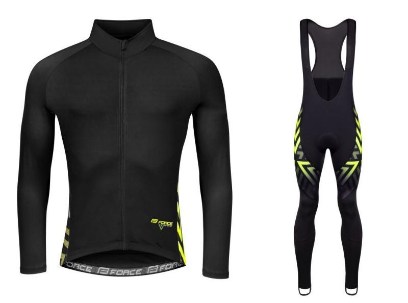 Force SPIKE černo-fluo cyklodres - dlouhý rukáv + Force SPIKE černo-fluo cyklokalhoty FORCE