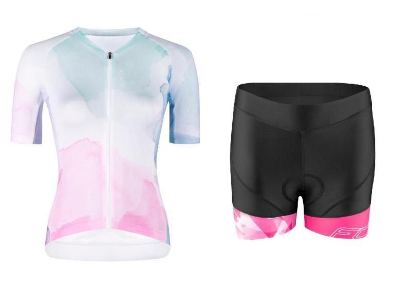 Force SPLASH LADY růžovo-modrý dres - kr. rukáv + Force MINI černo-růžové cyklokraťasy FORCE
