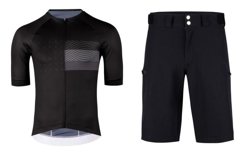 Force SWAY černý cyklodres - kr. rukáv + Force MOUNT MTB černé cyklokraťasy bez vložky FORCE