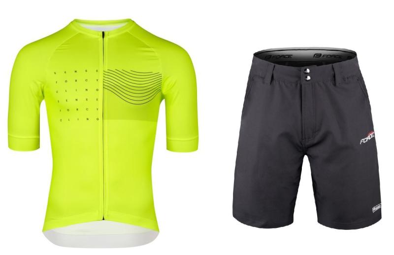 Force SWAY fluo cyklodres - kr. rukáv + Force BLADE MTB černé cyklokraťasy FORCE
