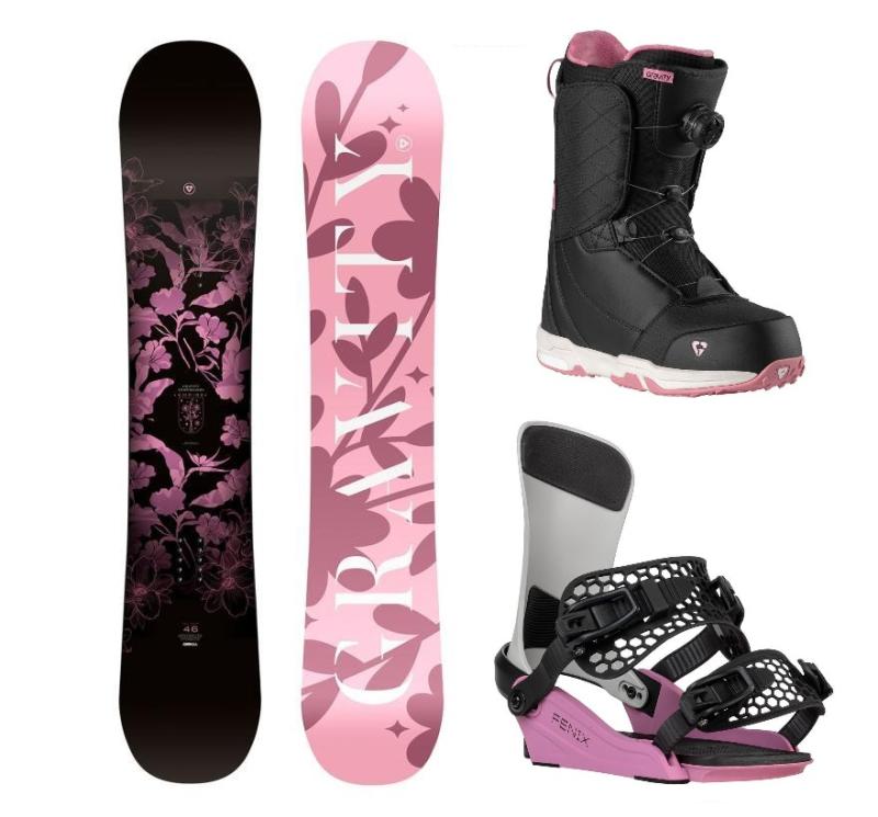 Gravity Empire 24/25 snowboard + Gravity Fenix grey/rose vázání + Gravity Aura Atop black/rose boty Gravity