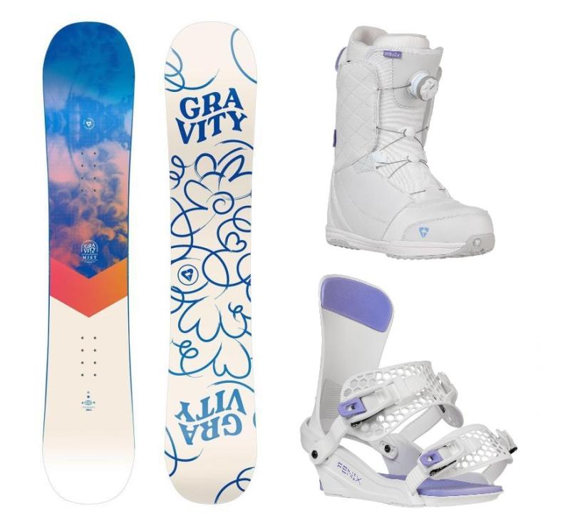 Gravity Mist 24/25 snowboard + Gravity Fenix white/lavender vázání + Gravity Aura Atop white/levander boty Gravity