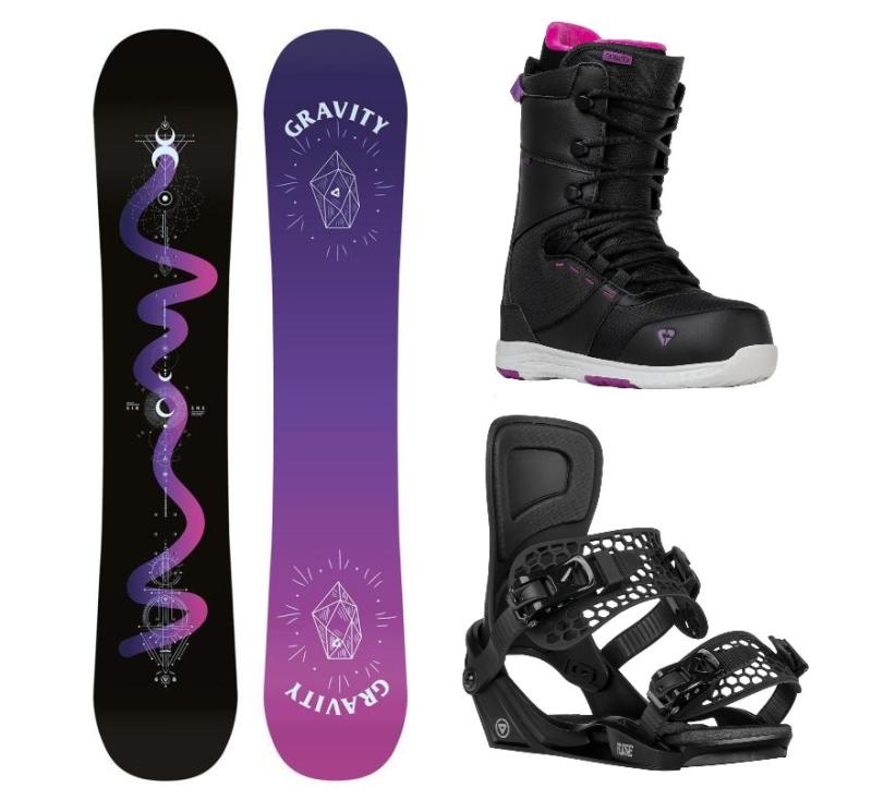 Gravity Sirene Black 24/25 snowboard + Gravity Rise black vázání + Gravity Bliss black/purple boty Gravity