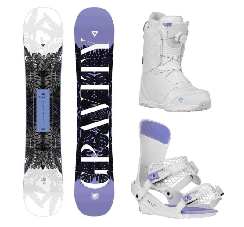 Gravity Trinity 24/25 snowboard + Gravity Fenix white/lavender vázání + Gravity Aura Atop white/levander boty Gravity