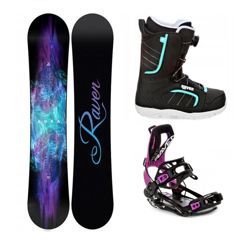 Raven Aura snowboard + Raven Fastec FT360 black/fuchsia vázání + Raven Diva MOZ black/mint boty Raven