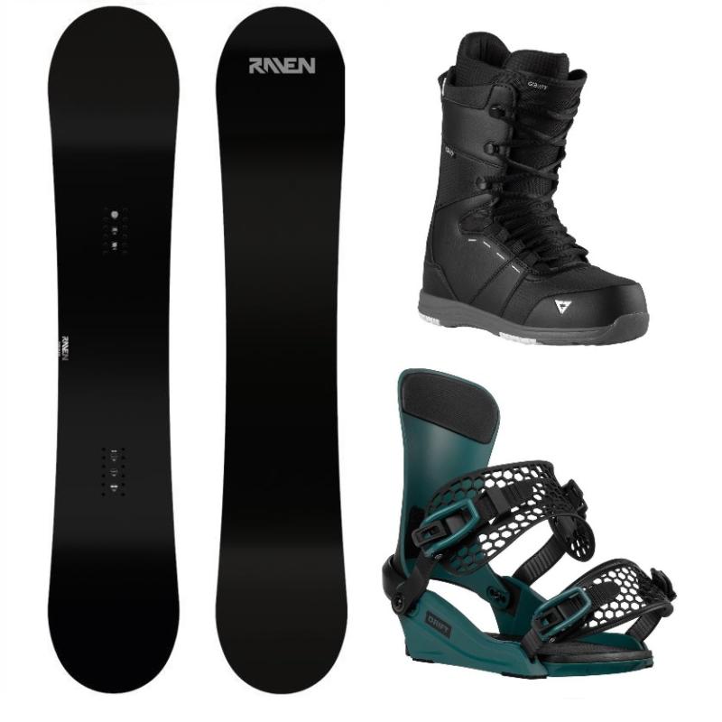 Raven Pure black snowboard + Gravity Drift steel green vázání + Gravity Void black/grey boty Raven