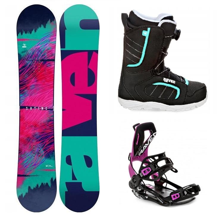 Raven Satine snowboard + Raven Fastec FT360 black/fuchsia vázání + Raven Diva MOZ black/mint boty Raven