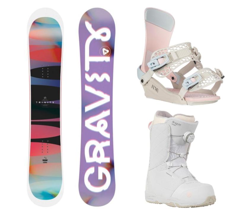Gravity Trinity 25/26 dámský snowboard + Gravity Fenix candy vázání + Gravity Aura Atop white obuv Gravity