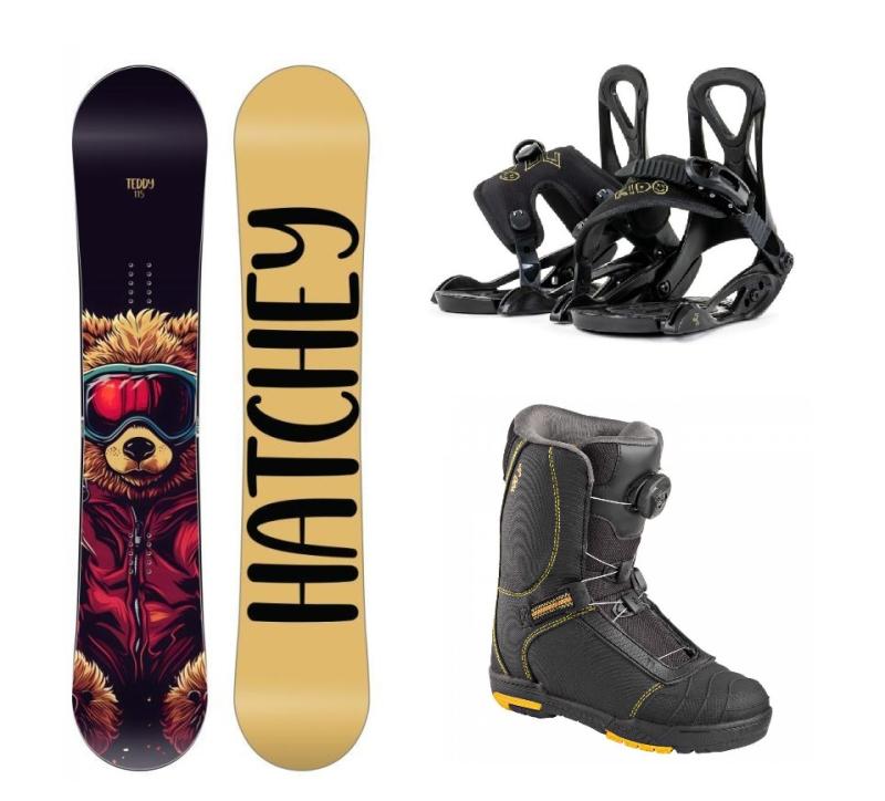 Hatchey Teddy dětský snowboard + Beany Kido vázání + Head 400 4D JR BOA dětské boty Hatchey
